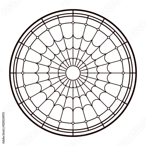 Colouring page for adult. Church glass window. Catholic Christian circle frame.