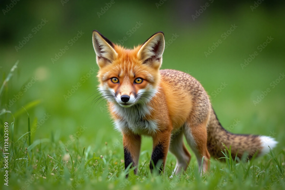 Young red fox kit meadow orange-red fur eyes ears tail Young red fox kit meadow orange-red fur eyes ears tail