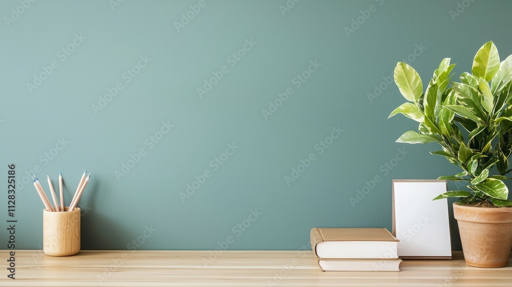 A serene workspace featuring books, a plant, and stationery against a calming wall. A serene workspace featuring books, a plant, and stationery against a calming wall.