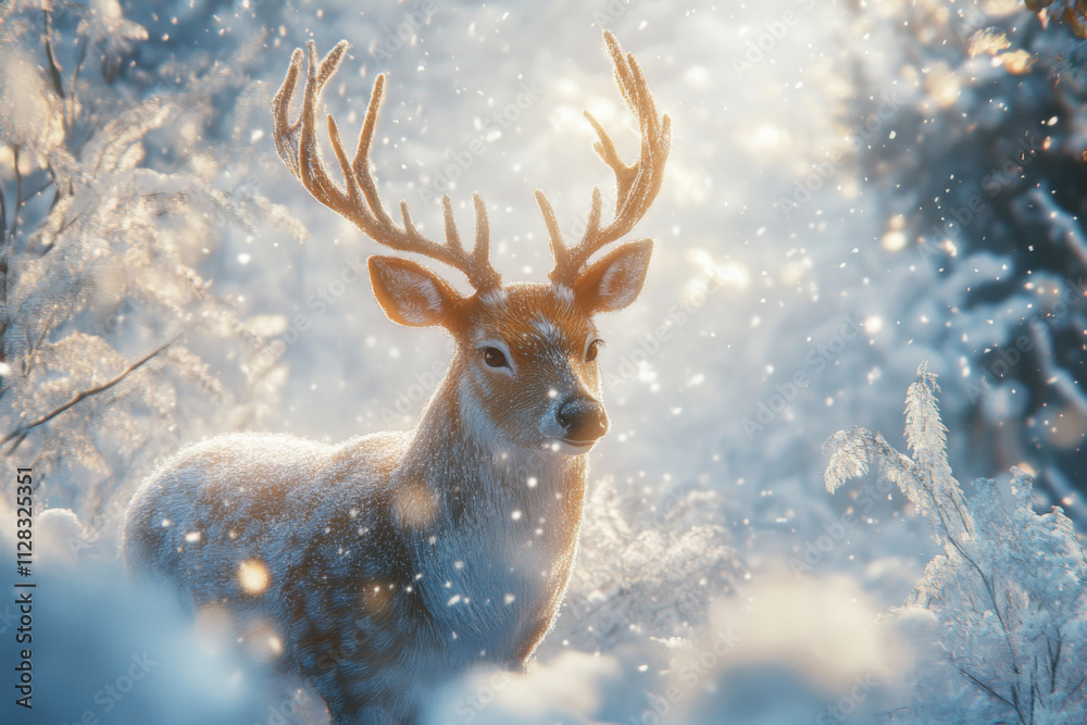 A reindeer in a snowy winter forest background
