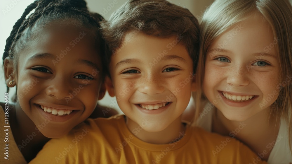 Closeup of three children, a Black boy with a radiant smile and short curly hair, a white girl with a cheerful grin and medium-length hair Closeup of three children, a Black boy with a radiant smile and short curly hair, a white girl with a cheerful grin and medium-length hair