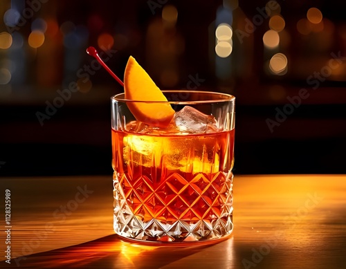 A crystal glass with an old-fashioned cocktail, garnished with an orange peel and cherry, placed on a bar counter under warm ambient lighting. photo