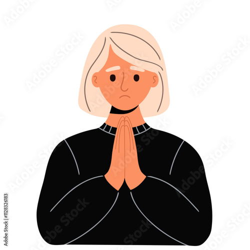 A young woman with blond hair prays with her hands folded in a gesture of apology. Apologize or say sorry, regret for what happen asking for forgiveness concept. Vector illustration isolated on white