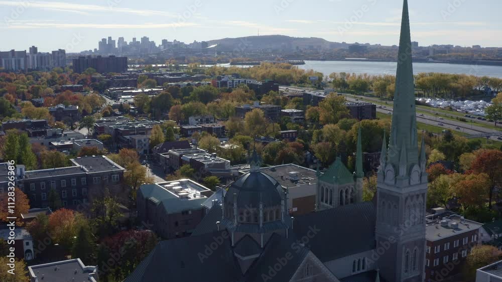 Aerial View of Saint-Antoine-de-Padoue Co-Cathedral with Montreal Downtown and Mount Royal in the Background Aerial View of Saint-Antoine-de-Padoue Co-Cathedral with Montreal Downtown and Mount Royal in the Background
