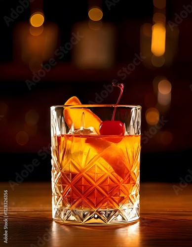 A crystal glass with an old-fashioned cocktail, garnished with an orange peel and cherry, placed on a bar counter under warm ambient lighting.