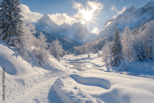 Sun shining over snowy mountains and river in winter wonderland