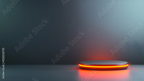 Neon circular display platform modern studio digital art minimalist environment low angle view futuristic concept