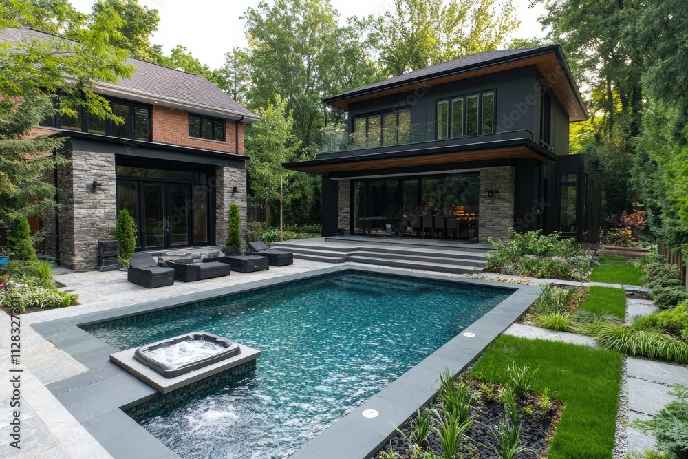 Fototapeta premium Modern backyard with inground swimming pool and hot tub featuring a contemporary home