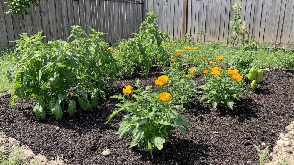Vibrant Vegetable Garden with Colorful Flowers in Natural Setting Vibrant Vegetable Garden with Colorful Flowers in Natural Setting
