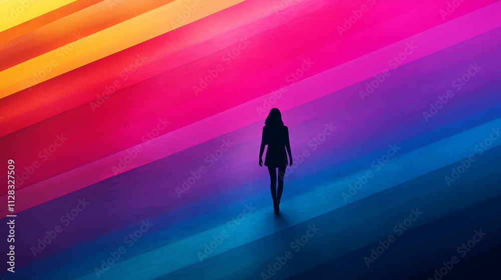 Illustration of silhouette of a person walking on a gradient of bright colors symbolizing hope and better days concept design Illustration of silhouette of a person walking on a gradient of bright colors symbolizing hope and better days concept design
