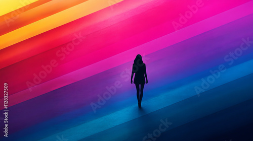 Illustration of silhouette of a person walking on a gradient of bright colors symbolizing hope and better days concept design