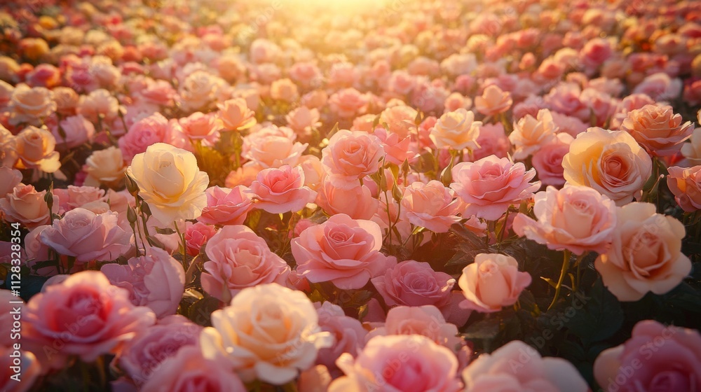A field of pink and peach roses bathed in sunset light A field of pink and peach roses bathed in sunset light