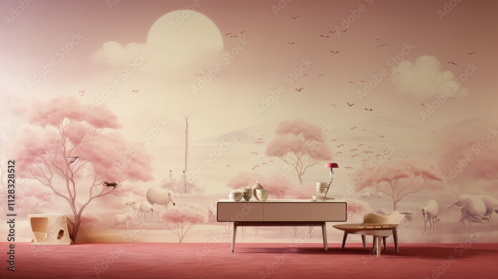 Obraz premium Serene Landscape with Minimalist Furniture and Blossoming Trees