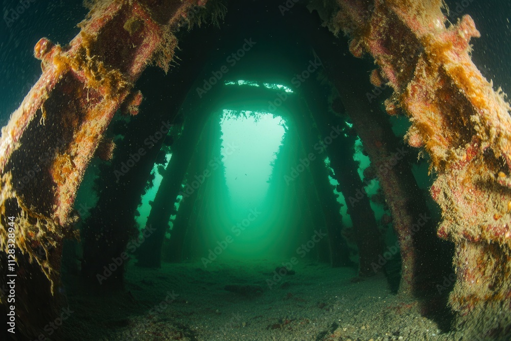 Underwater view of a submerged structure with marine growth. Underwater view of a submerged structure with marine growth.