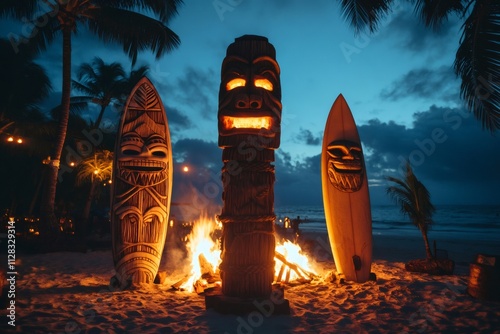 Tiki totem and surfboards burning on a tropical beach at dusk photo