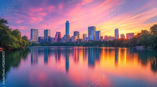 stunning city skyline at sunset reflecting on water