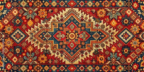 Seamless ethnic pattern: a double exposure of a Russian folk carpet ornament.