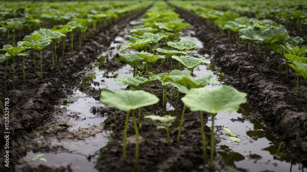 Green Vegetable Plants Growing in Muddy Farm Field Rows Green Vegetable Plants Growing in Muddy Farm Field Rows