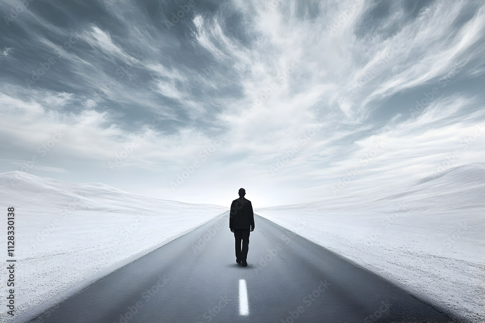 A solitary figure stands on an empty road under a dramatic sky, evoking introspection. A solitary figure stands on an empty road under a dramatic sky, evoking introspection.