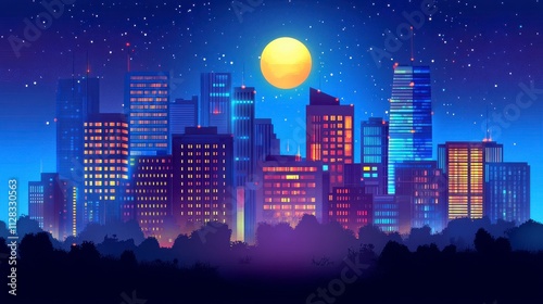 Vibrant Urban Nightscape with Illuminated Buildings