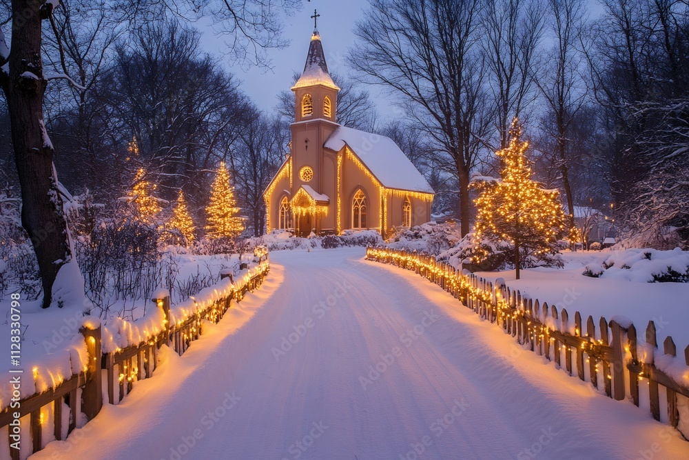 Christmas lights illuminating snow covered path to church at twilight Christmas lights illuminating snow covered path to church at twilight