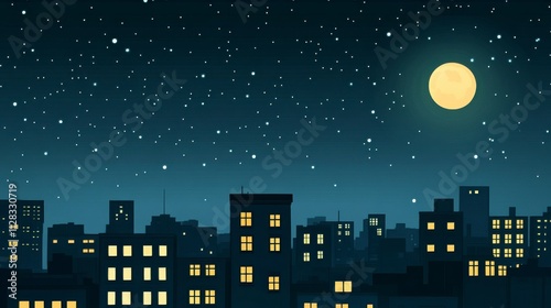 Vibrant Cityscape at Night with Starry Sky and Moon