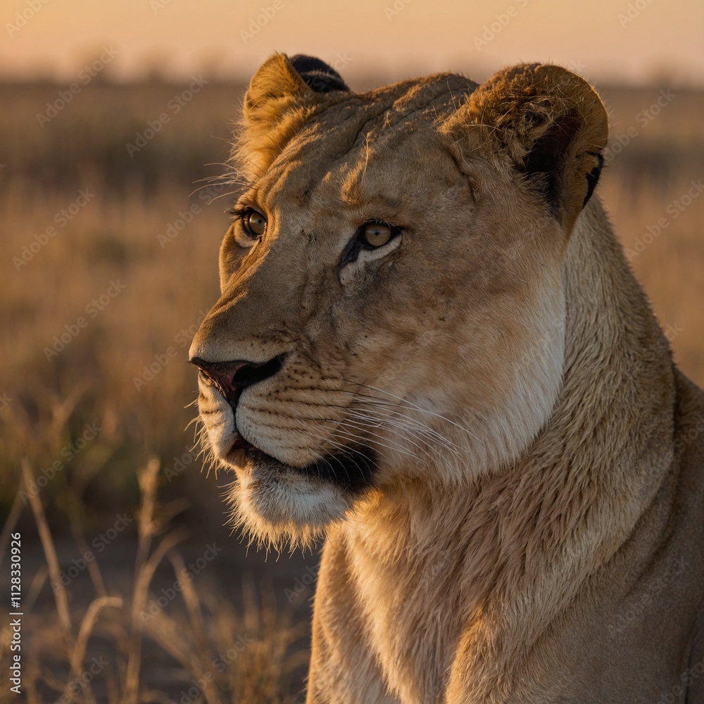 Fototapeta premium A lioness watching the sunrise from a high vantage point on the savannah.