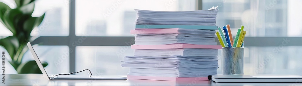 A desk filled with tax records and highlighters for marking important details during submission A desk filled with tax records and highlighters for marking important details during submission