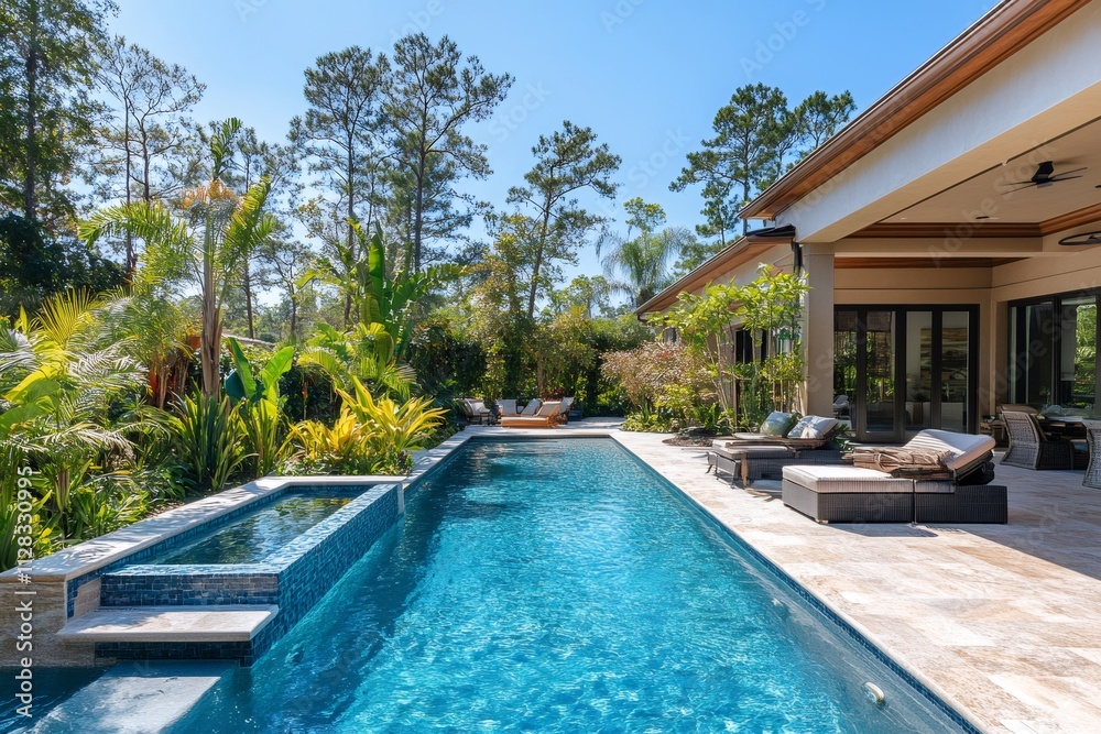 Fototapeta premium Luxurious lap pool and spa inviting relaxation in tropical backyard