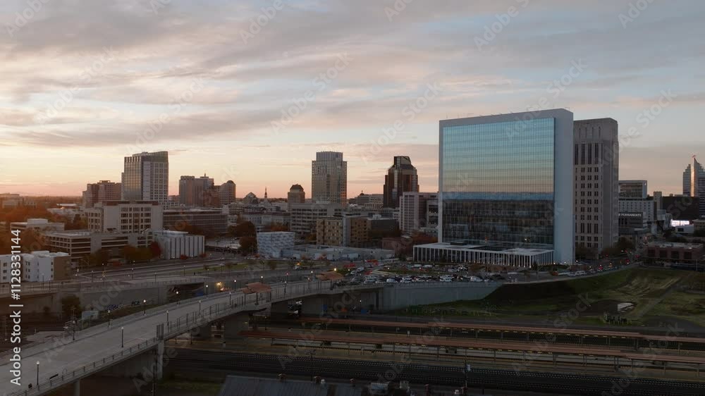Slow Drone Aerial Push of Downtown Sacramento, CA, and Sacramento Railway during Golden Hour, 4K UHD Slow Drone Aerial Push of Downtown Sacramento, CA, and Sacramento Railway during Golden Hour, 4K UHD