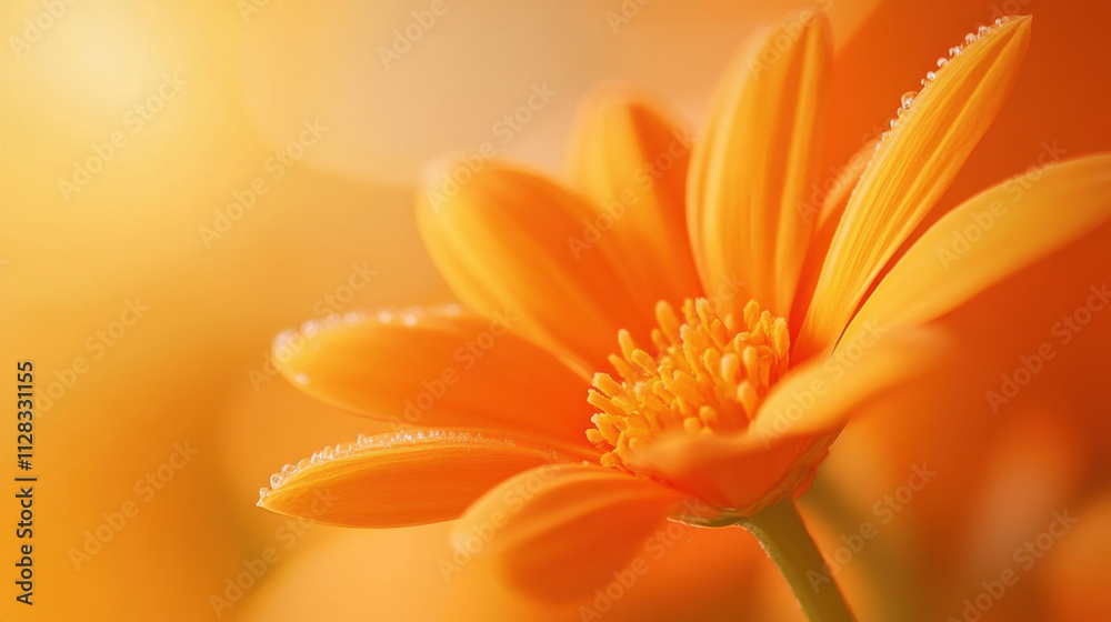 vibrant orange flower with delicate petals and dew drops glistening in sunlight creates warm and cheerful atmosphere vibrant orange flower with delicate petals and dew drops glistening in sunlight creates warm and cheerful atmosphere
