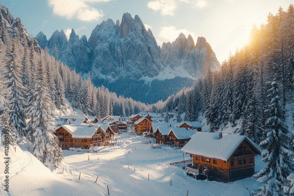 Fototapeta premium Wooden chalets covered by snow shining under the sun with the annapurna south in the background