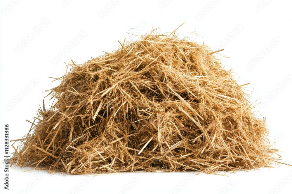 Obraz premium A large pile of dry, golden hay sits on white. Perfect for agricultural, rural, or farming themes.