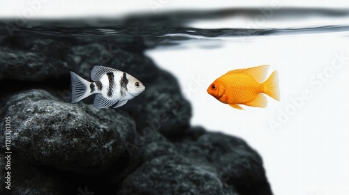 Colorful Freshwater Fish Swimming Among Rocks photo