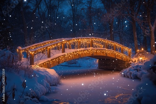 Wooden bridge with christmas lights illuminating snowy winter night landscape photo