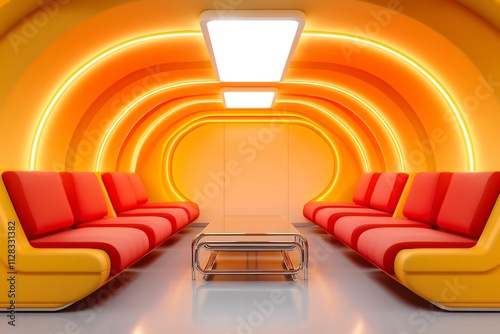 Captivating Retro Futuristic Meeting Room with Modular Seating and Striking Lighting Fixtures
