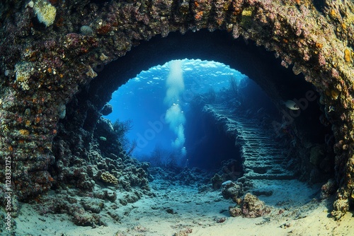 Underwater view of a sunken structure with coral growth. photo