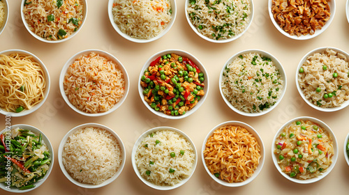 Assortment of Asian Rice Dishes, Noodles, and Vegetable Stir-fries in Bowls: A Culinary Delight Featuring Various Flavors and Textures.