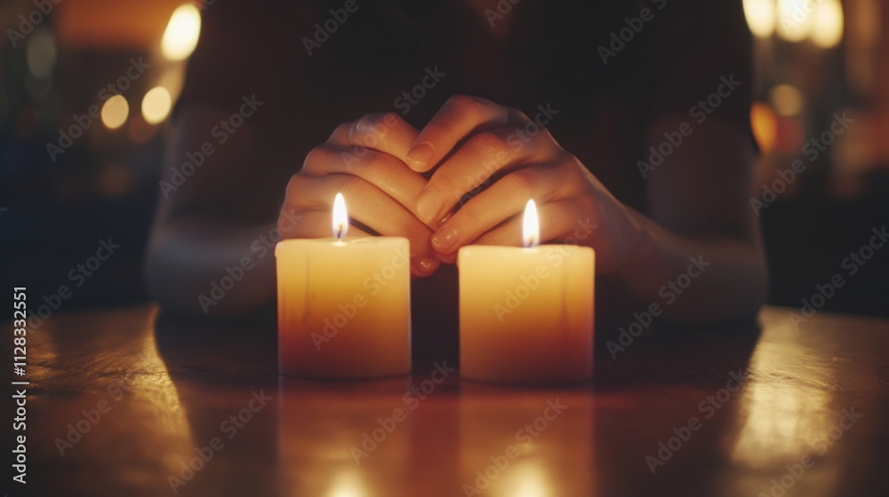 Person with hands clasped between two lit candles Person with hands clasped between two lit candles