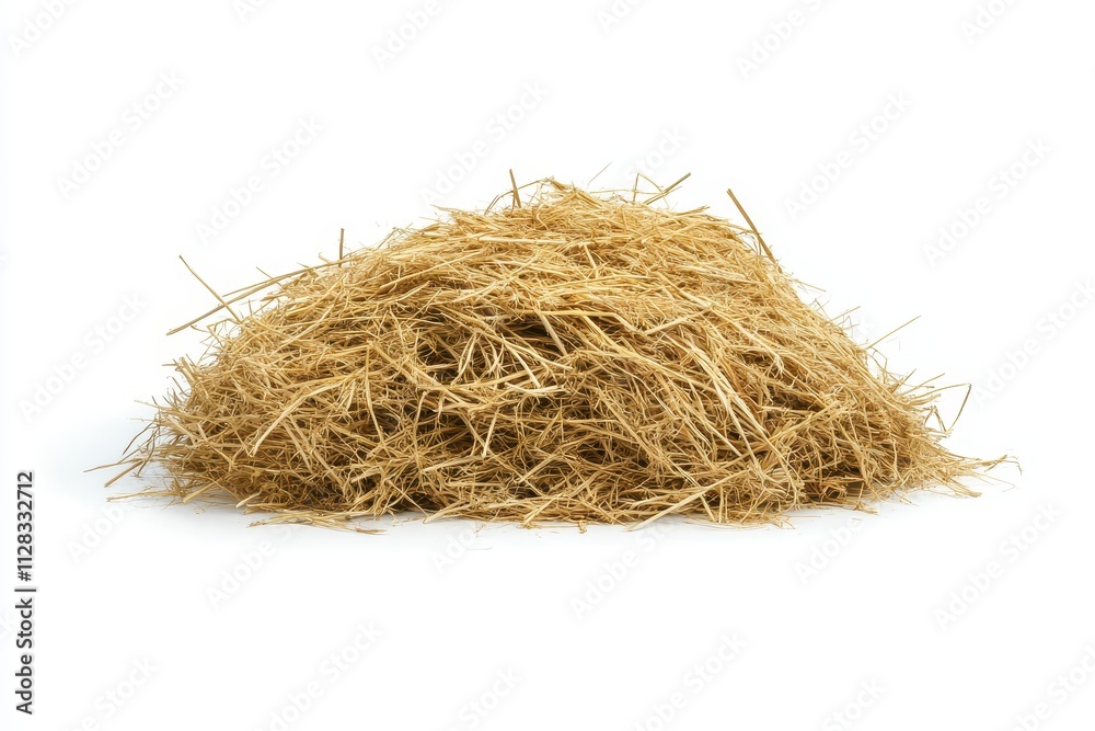 A pile of dry, golden hay isolated on white. Perfect for agriculture, farming, or rustic themes. A pile of dry, golden hay isolated on white. Perfect for agriculture, farming, or rustic themes.