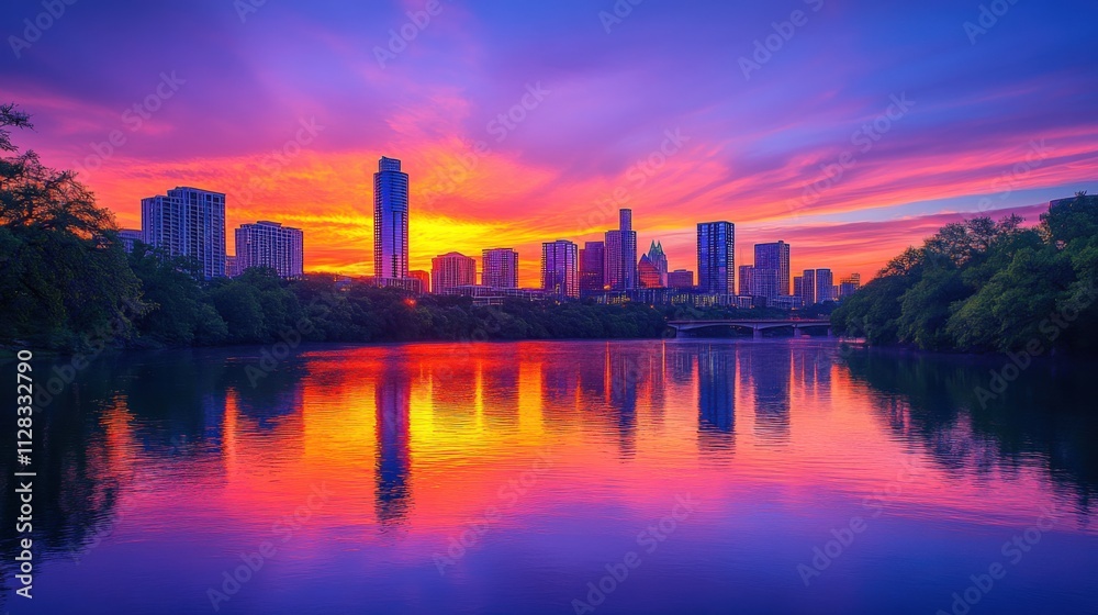 Fototapeta premium vibrant sunset over city skyline reflecting on water