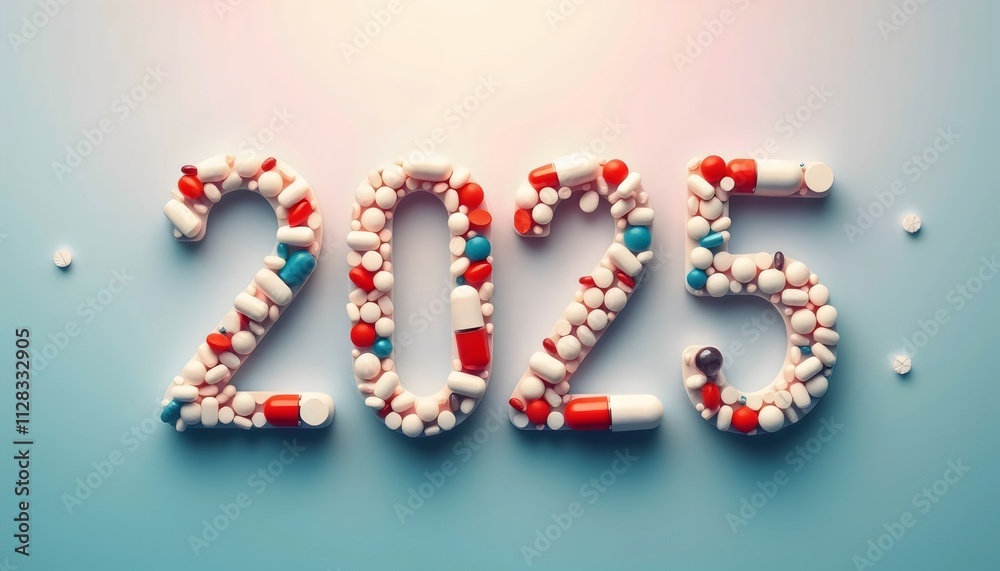 The number 2025 formed by capsules and pills, symbolizing pharmaceutical advancements and new year whishes banner web wallpaper The number 2025 formed by capsules and pills, symbolizing pharmaceutical advancements and new year whishes banner web wallpaper