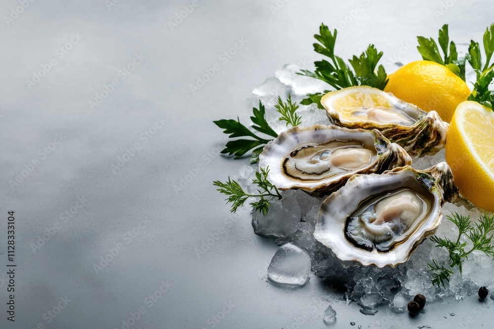 Fresh oysters on ice with lemon culinary delight seafood platter gourmet presentation closeup view fine dining concept for seafood lovers Fresh oysters on ice with lemon culinary delight seafood platter gourmet presentation closeup view fine dining concept for seafood lovers