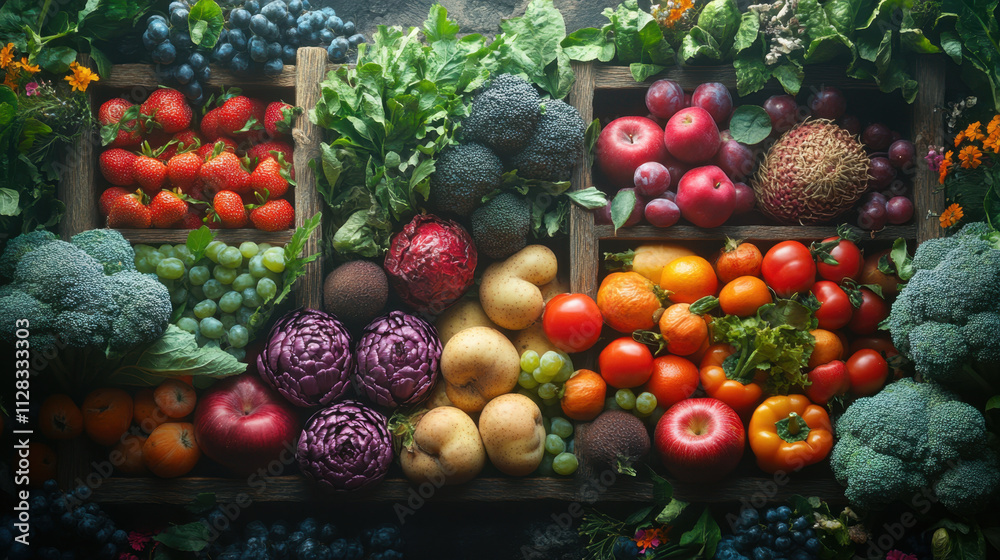 Fresh fruits and vegetables arranged beautifully on wooden table, showcasing vibrant colors and textures. delightful display of healthy produce evokes sense of abundance and freshness Fresh fruits and vegetables arranged beautifully on wooden table, showcasing vibrant colors and textures. delightful display of healthy produce evokes sense of abundance and freshness