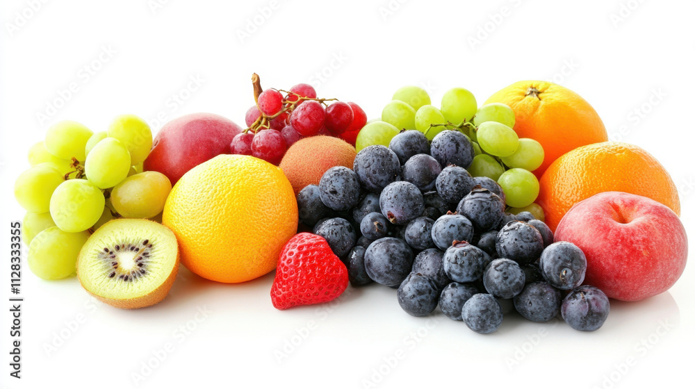 Fresh fruits including grapes, oranges, apples, and strawberries arranged beautifully. This vibrant display showcases variety of colors and textures, perfect for healthy eating Fresh fruits including grapes, oranges, apples, and strawberries arranged beautifully. This vibrant display showcases variety of colors and textures, perfect for healthy eating