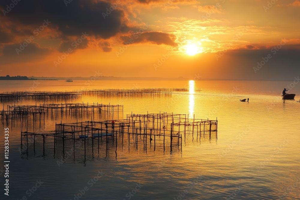 Oyster farming at sunset in a serene bay tranquil water landscape nature photography coastal environment captivating viewpoint on sustainable aquaculture Oyster farming at sunset in a serene bay tranquil water landscape nature photography coastal environment captivating viewpoint on sustainable aquaculture