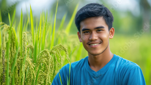 Young man in blue shirt smiling in rice paddy field, surrounded by green rice plants, showcasing joyful connection to nature