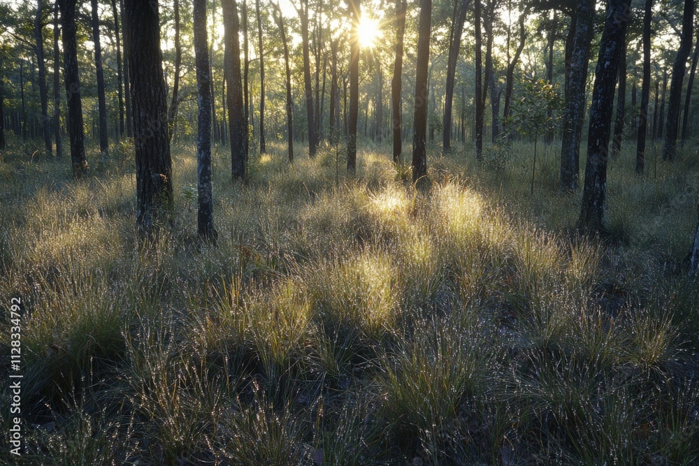Obraz premium serene forest landscape with sunlight filtering through trees