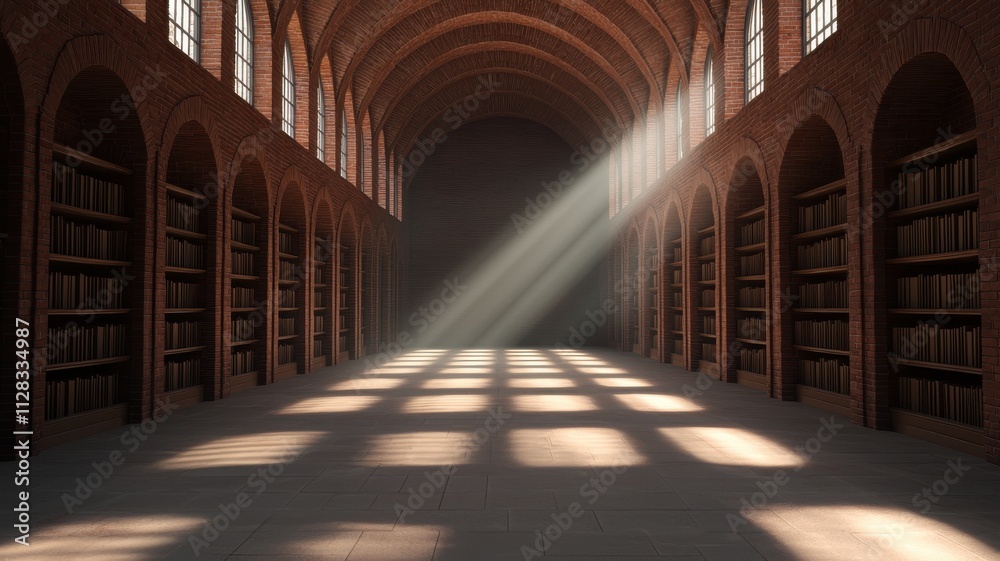 Breakthrough discovery impact concept. A spacious library with arched ceilings and beams of light illuminating the floor.