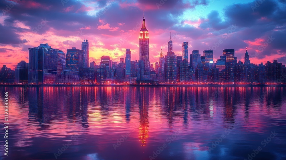 Obraz premium Vibrant sunset cityscape reflected in calm water.